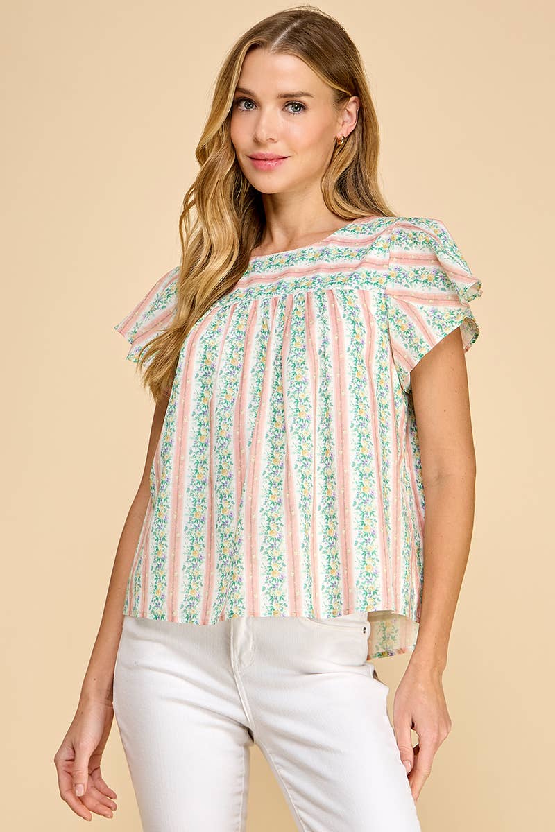 Peach Floral Striped Top