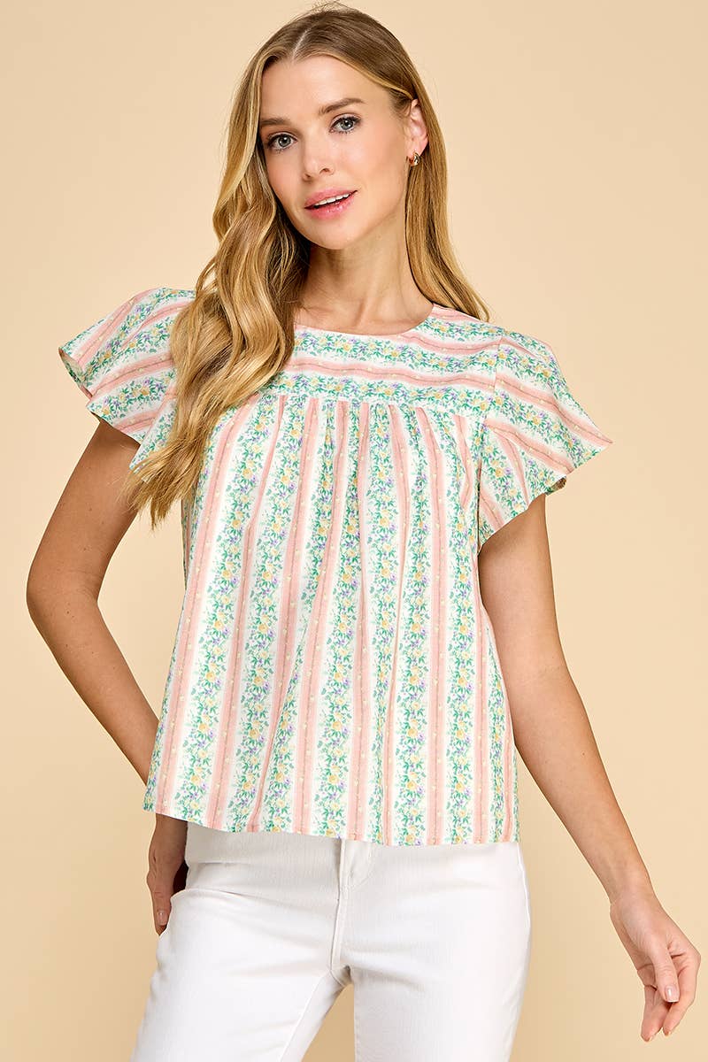 Peach Floral Striped Top