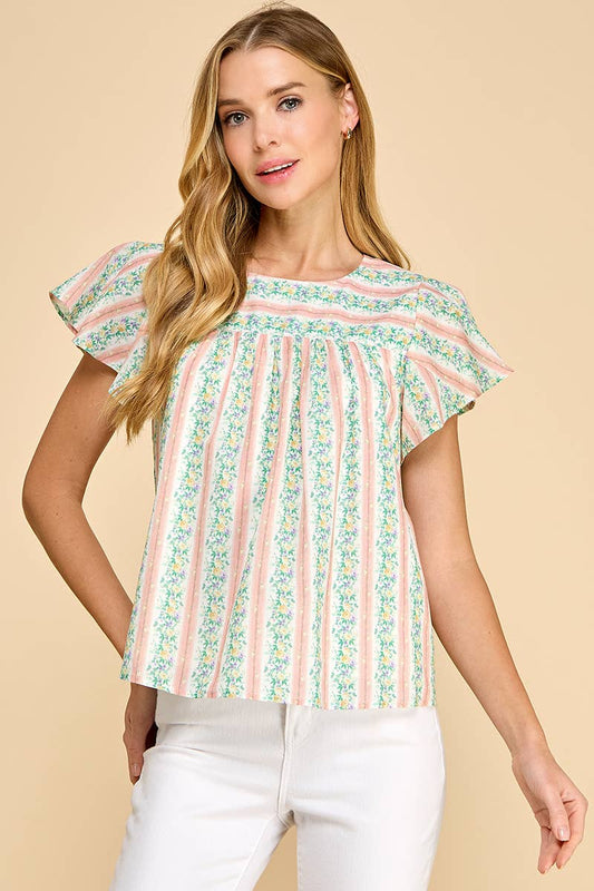 Peach Floral Striped Top