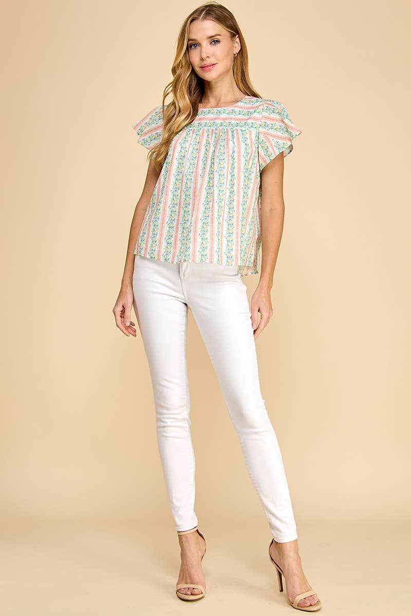 Peach Floral Striped Top